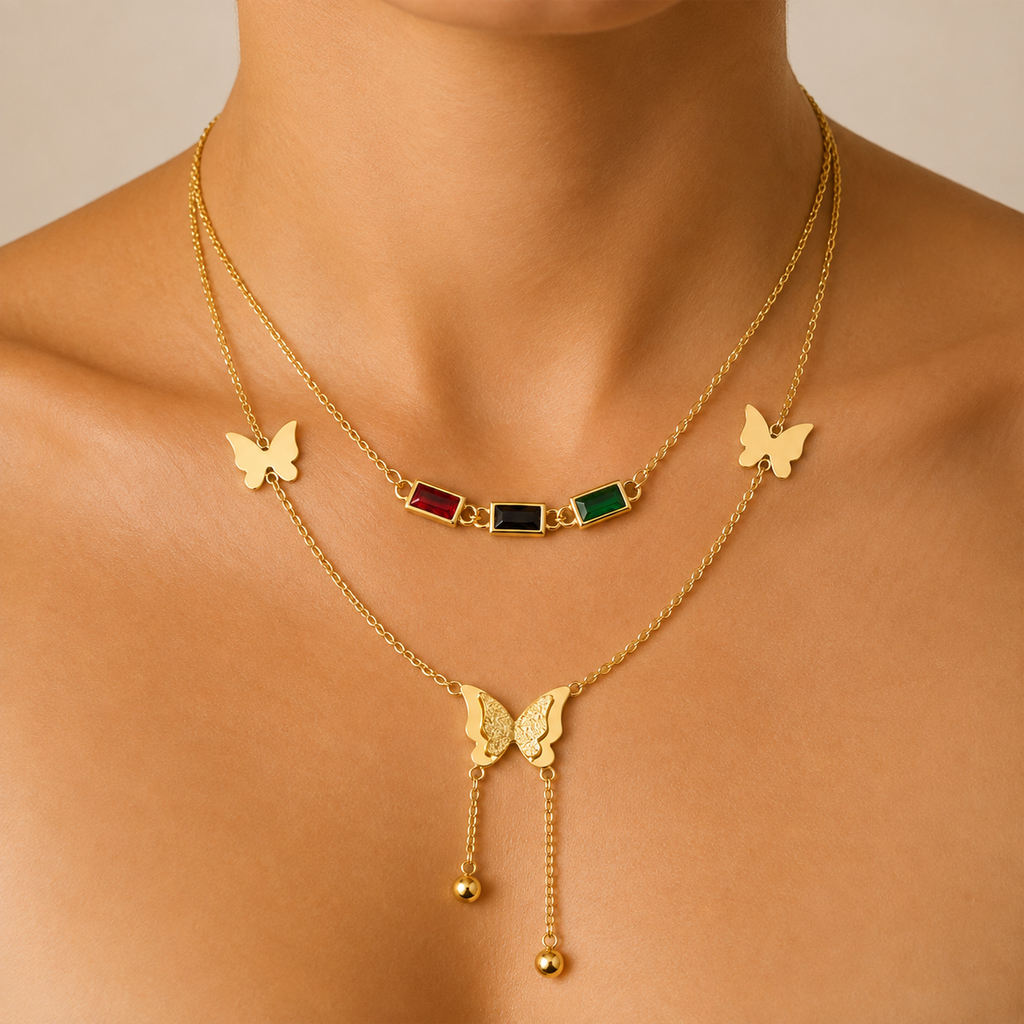 Butterfly & Multicolour Stone Necklace