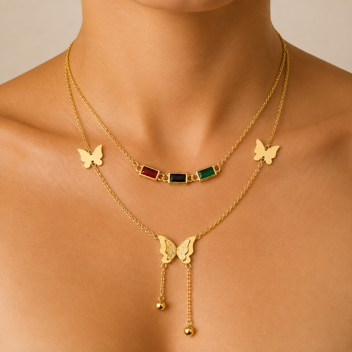 Butterfly & Multicolour Stone Necklace