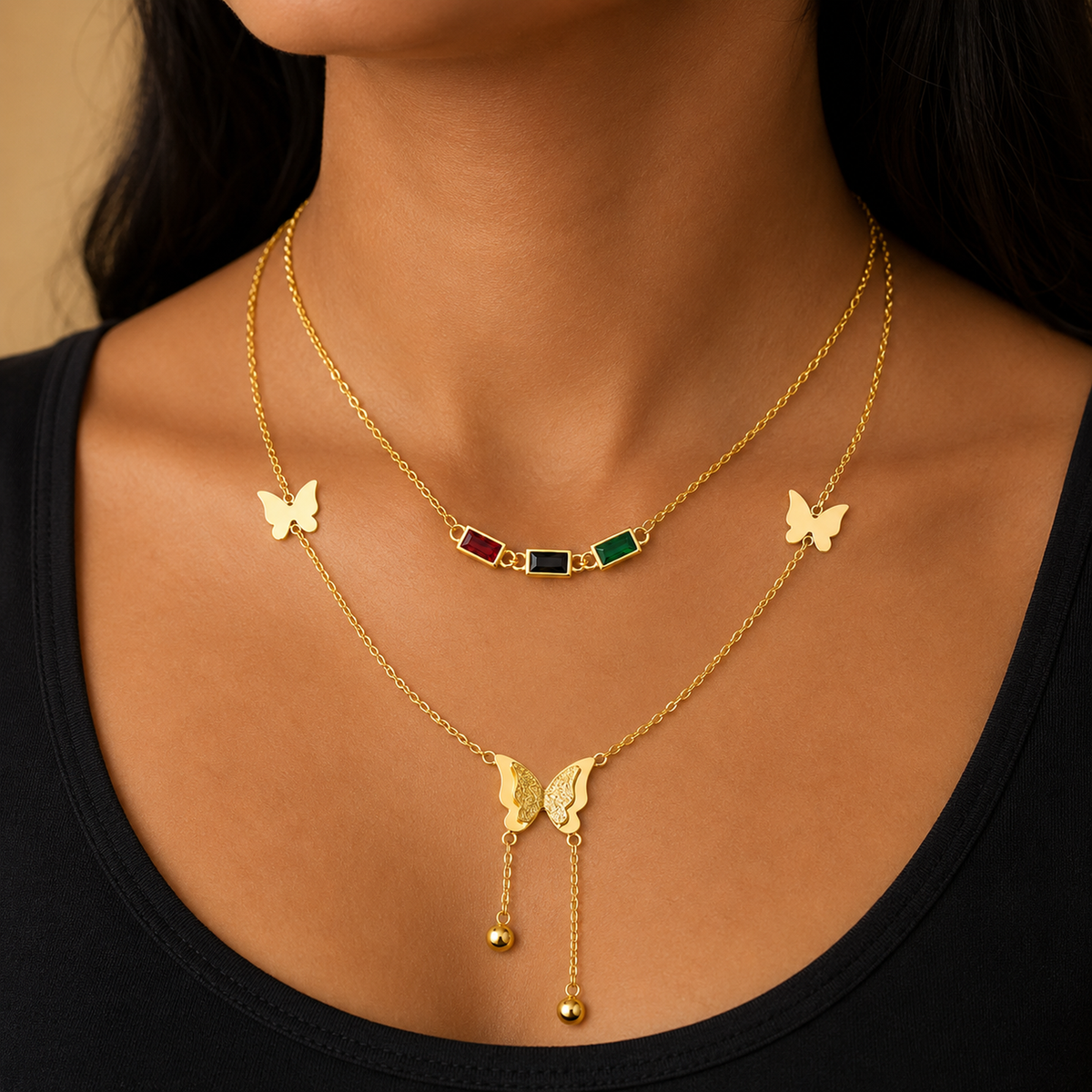 Butterfly & Multicolour Stone Necklace